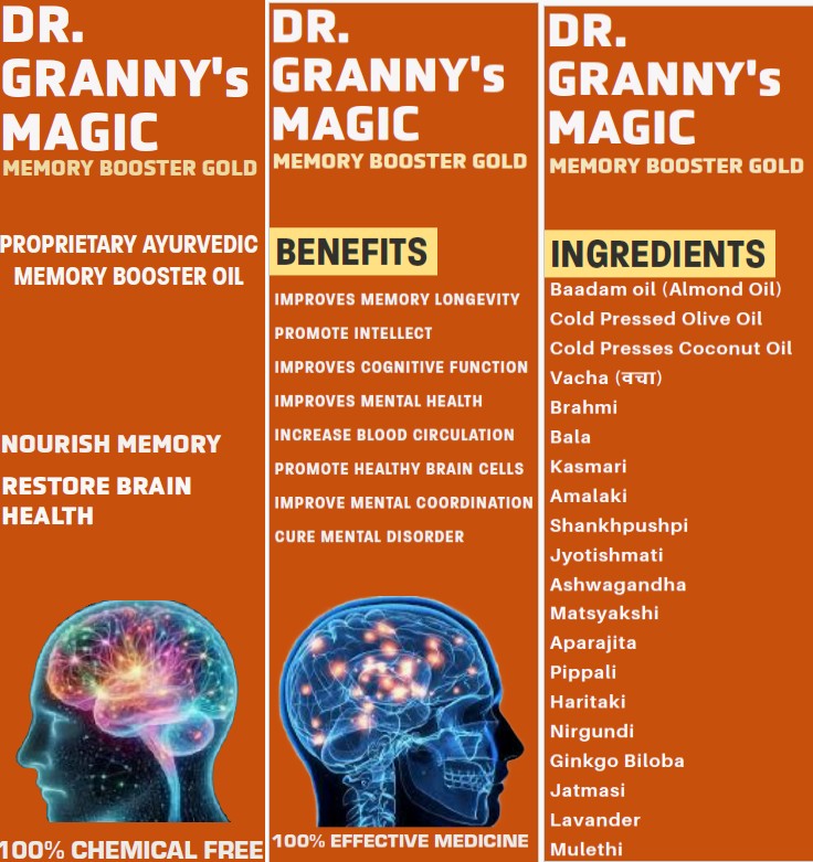 Dr. Granny's Magic Memory Booster Gold - Premium Ayurvedic brain enhancement oil with Brahmi, Shankhpushpi, Ashwagandha, Ginkgo Biloba and 20 natural herbs for improved memory, concentration, focus and cognitive function